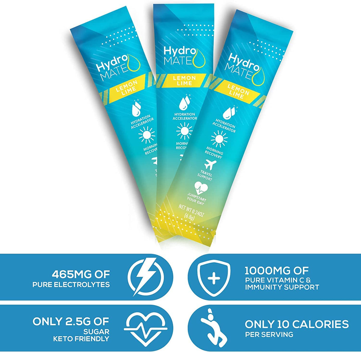 HydroMATE Electrolyte Powder Lemon Lime Hydration Packets Low Sugar 30 Count - PrimeBioHealth - canada supplements
