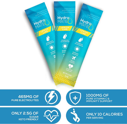 HydroMATE Electrolyte Powder Lemon Lime Hydration Packets Low Sugar 30 Count - PrimeBioHealth - canada supplements