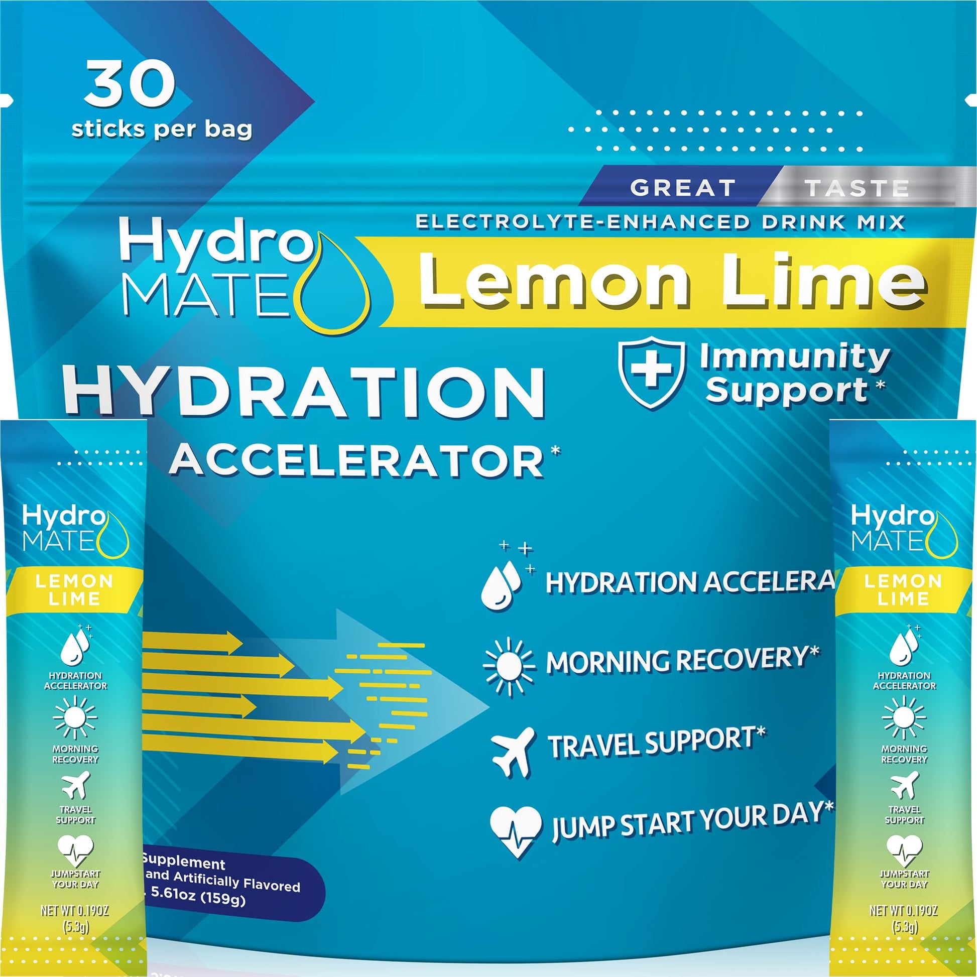 HydroMATE Electrolyte Powder Lemon Lime Hydration Packets Low Sugar 30 Count - PrimeBioHealth - canada supplements
