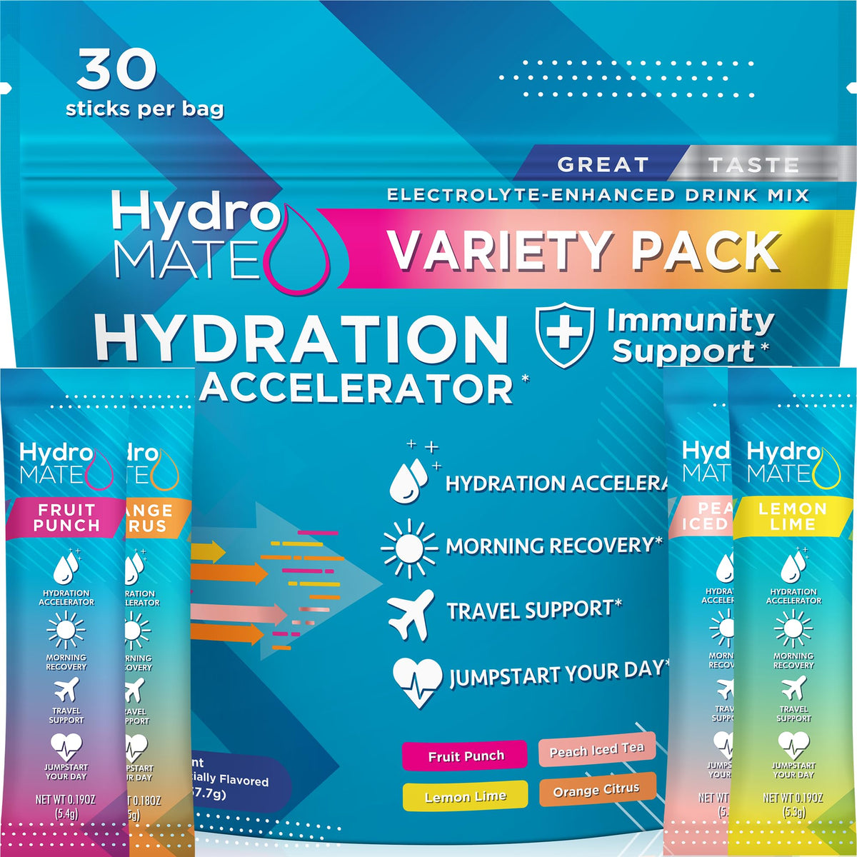 HydroMATE Electrolyte Powder Variety Pack Hydration Packets Low Sugar 30 Count - PrimeBioHealth - canada supplements