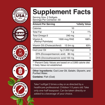Icelandic Wild Caught Cod Liver Oil Softgels - Fish Omega 3, EPA, DHA, Vitamin D & A, 1000mg Per Serving - Burpless Capsules for Heart - PrimeBioHealth - canada supplements