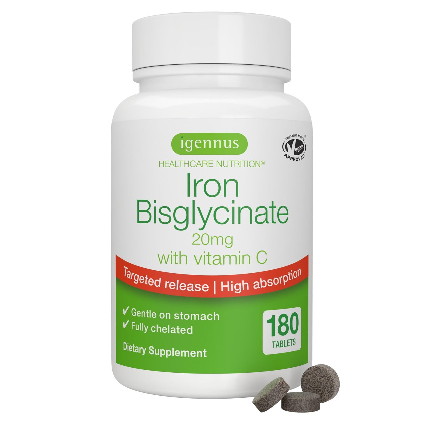 Igennus Clean Iron Bisglycinate 20mg, Vitamin C, 6 Month Supply, Gentle Chelated High Absorption Formula & Targeted Release Ferrous Bisglycinate - PrimeBioHealth - canada supplements