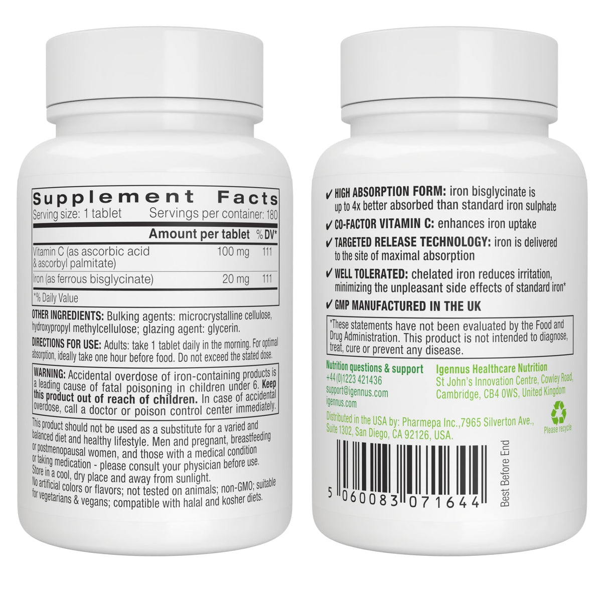 Igennus Clean Iron Bisglycinate 20mg, Vitamin C, 6 Month Supply, Gentle Chelated High Absorption Formula & Targeted Release Ferrous Bisglycinate - PrimeBioHealth - canada supplements