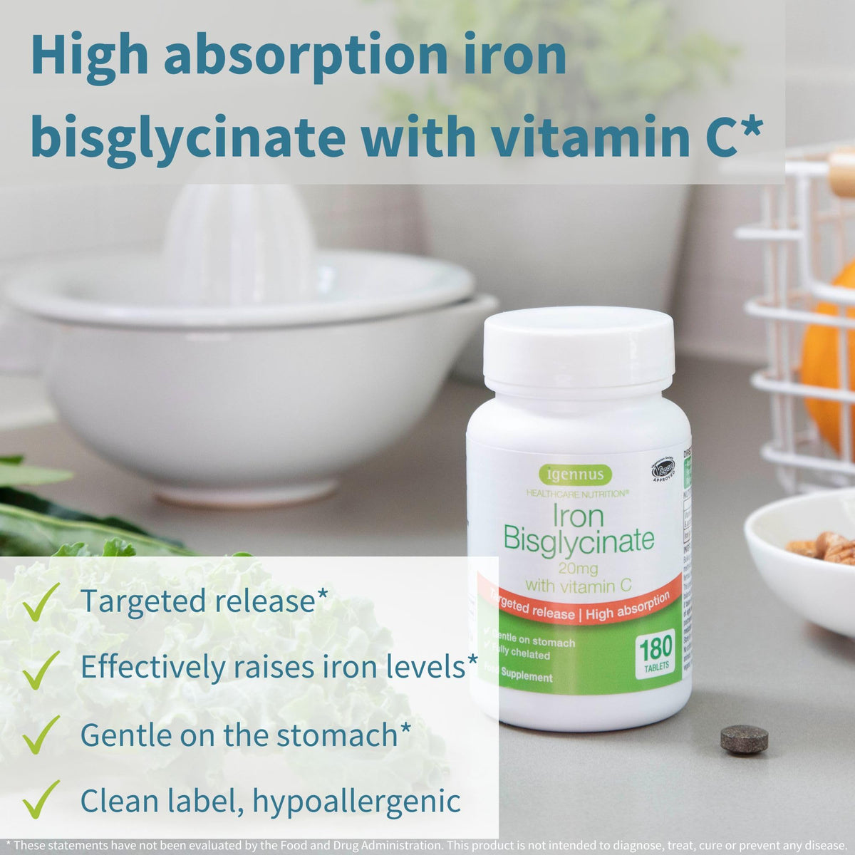 Igennus Clean Iron Bisglycinate 20mg, Vitamin C, 6 Month Supply, Gentle Chelated High Absorption Formula & Targeted Release Ferrous Bisglycinate - PrimeBioHealth - canada supplements