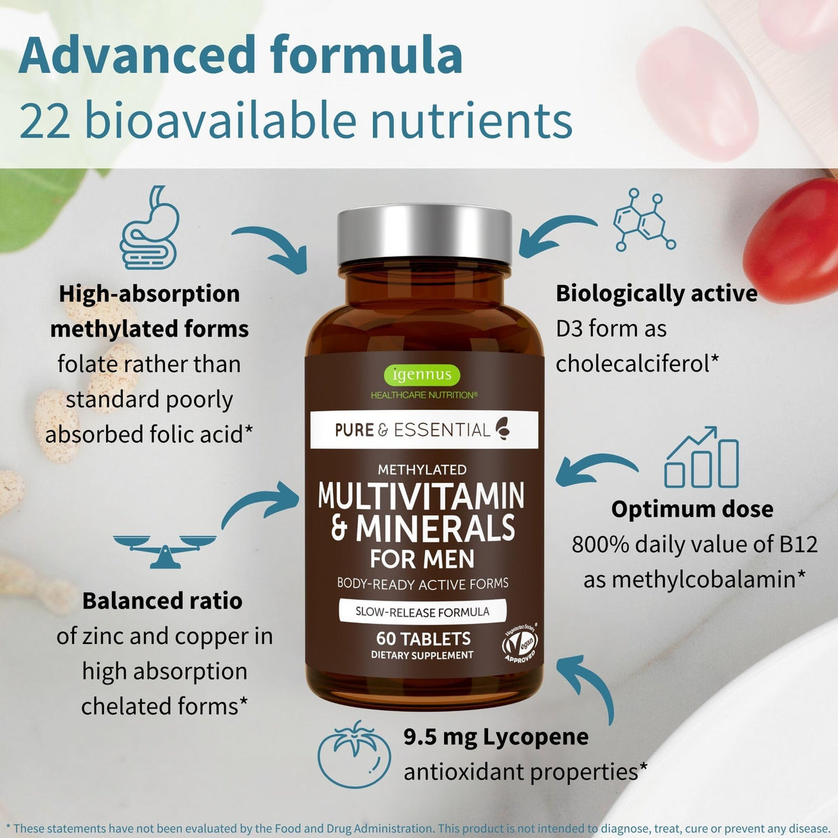 Igennus Methylated Men's Multivitamin with 22 Actives, Added Lycopene for Antioxidant Support, High Potency B12, Sustained Release, - PrimeBioHealth - canada supplements