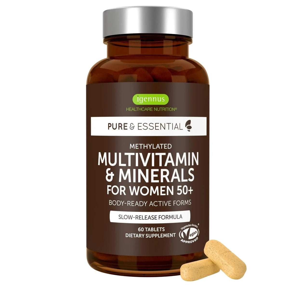 Igennus Methylated Women's 50+ Multivitamin with Calcium & Magnesium, Pure & Clean, All-Day Nutrient Delivery with High-Strength B-Vitamins - PrimeBioHealth - canada supplements