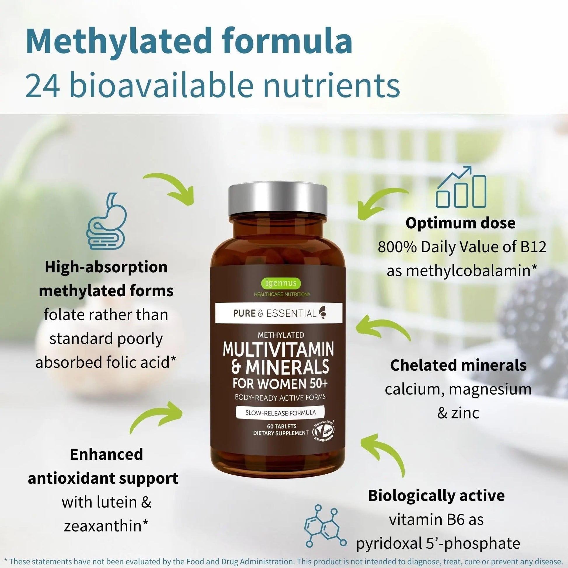 Igennus Methylated Women's 50+ Multivitamin with Calcium & Magnesium, Pure & Clean, All-Day Nutrient Delivery with High-Strength B-Vitamins - PrimeBioHealth - canada supplements