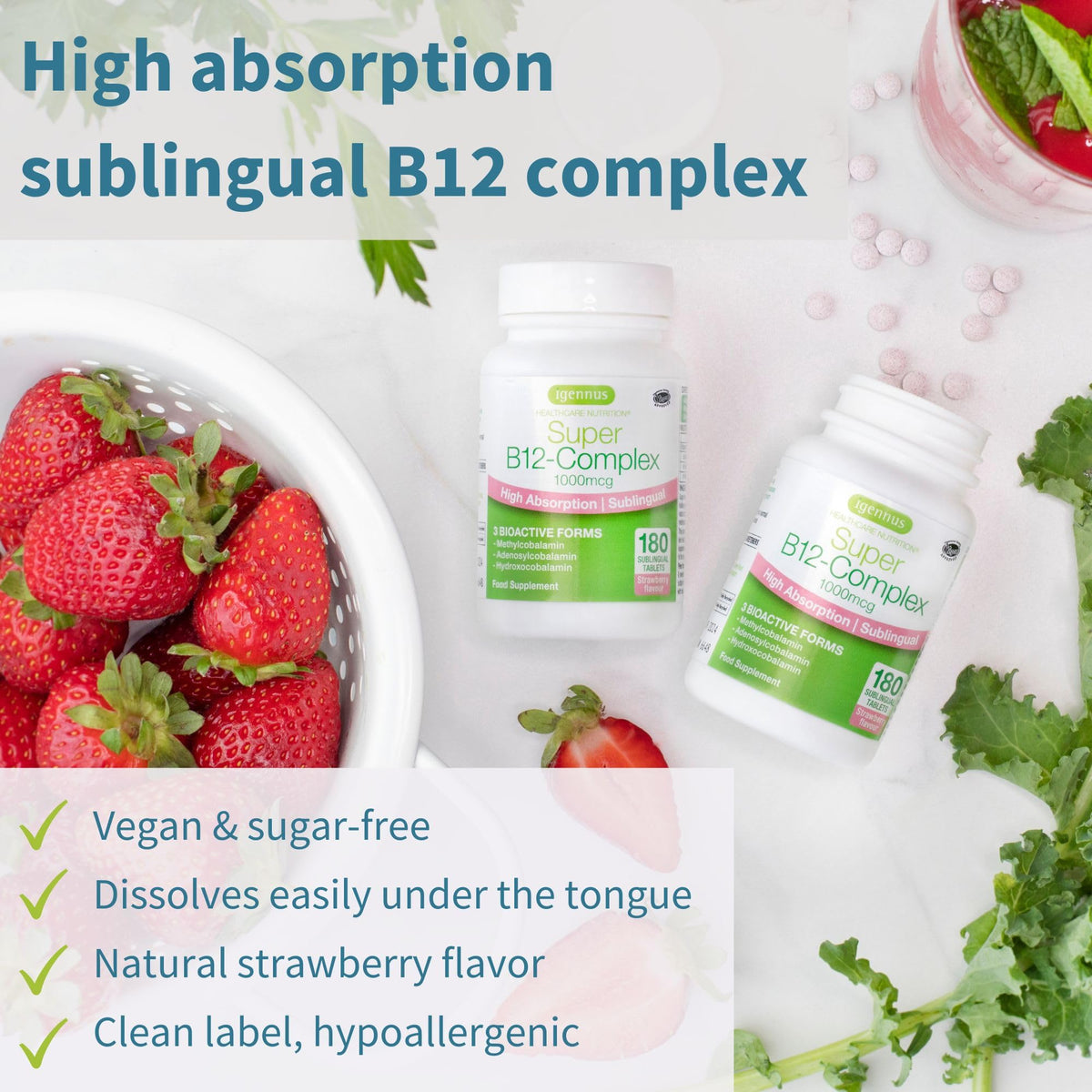 Igennus Sublingual Vitamin B12 Complex 1000mcg, Methylated Methylcobalamin, Adenosylcobalamin & Hydroxocobalamin, High Absorption & Clean, - PrimeBioHealth - canada supplements