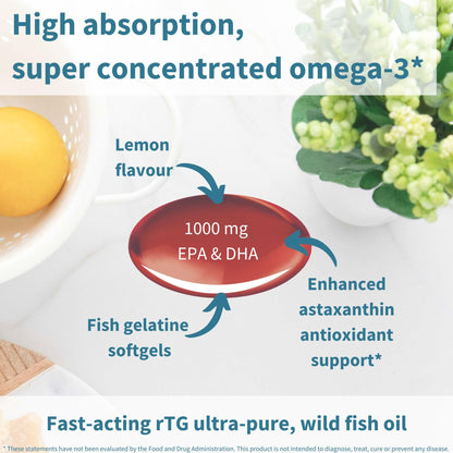 Igennus Ultra Pure Omega 3 Triglyceride rTG Wild Fish Oil 1360mg, IFOS Certified, EPA DHA 1000mg Plus Astaxanthin, Non-GMO, - PrimeBioHealth - canada supplements