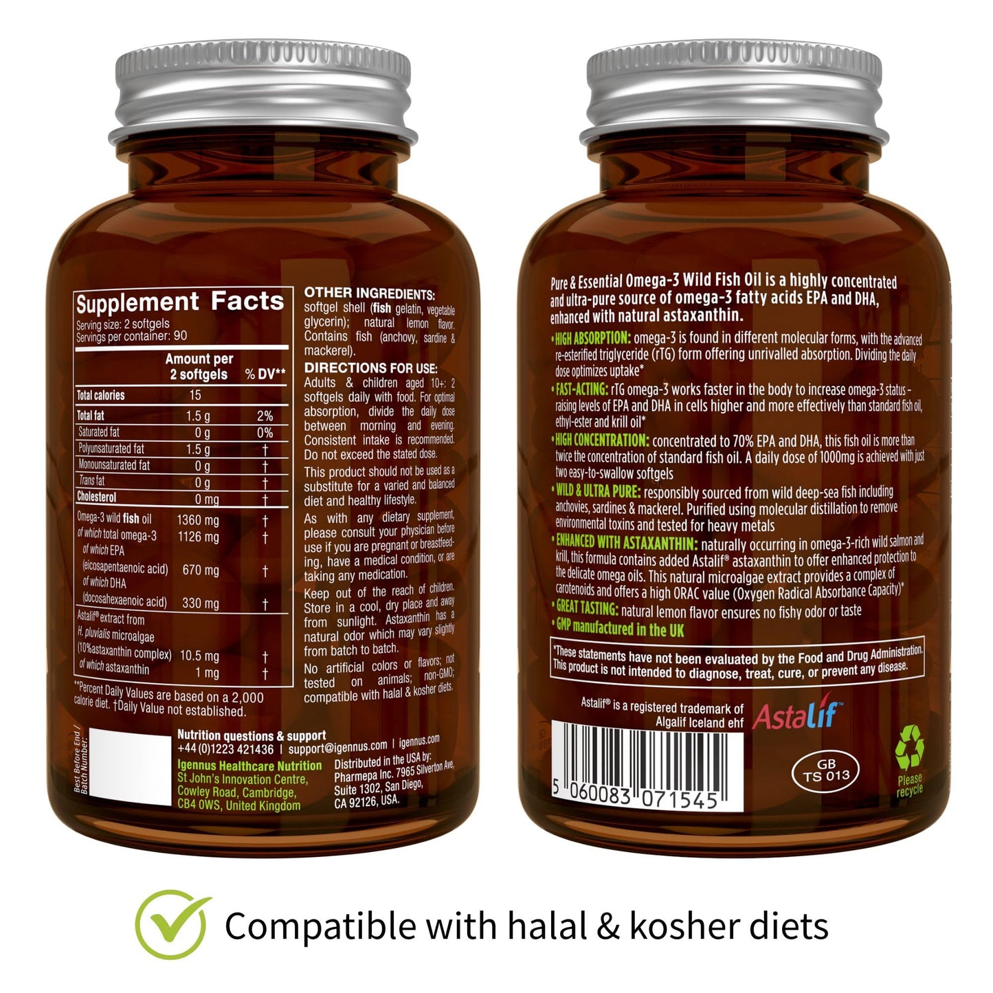 Igennus Ultra Pure Omega 3 Triglyceride rTG Wild Fish Oil 1360mg, IFOS Certified, EPA DHA 1000mg Plus Astaxanthin, Non-GMO, - PrimeBioHealth - canada supplements