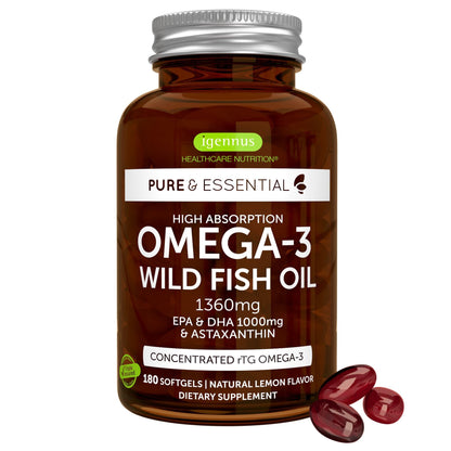 Igennus Ultra Pure Omega 3 Triglyceride rTG Wild Fish Oil 1360mg, IFOS Certified, EPA DHA 1000mg Plus Astaxanthin, Non-GMO, - PrimeBioHealth - canada supplements
