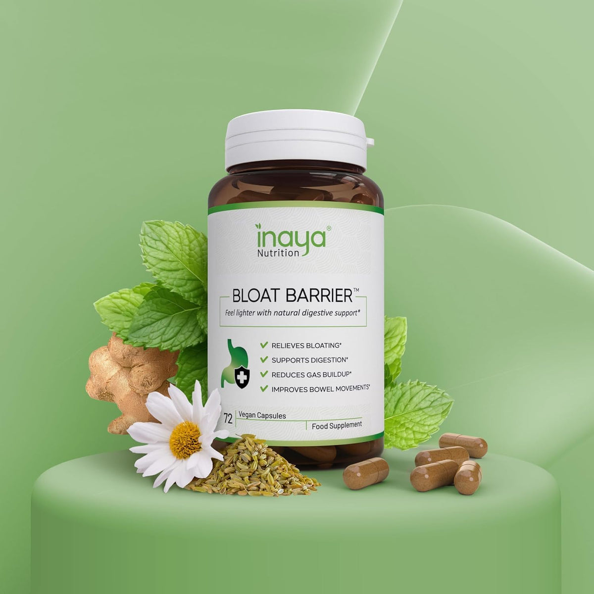 Inaya Nutrition BloatBarrier 72 Capsules - Natural Digestion and Bloating Supplement for Stomach Bloating Relief, Gas Reduction, and Improved Bowel Movements - PrimeBioHealth - canada supplements