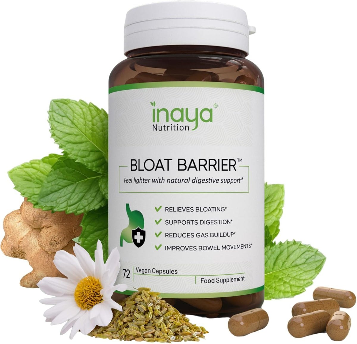 Inaya Nutrition BloatBarrier 72 Capsules - Natural Digestion and Bloating Supplement for Stomach Bloating Relief, Gas Reduction, and Improved Bowel Movements - PrimeBioHealth - canada supplements