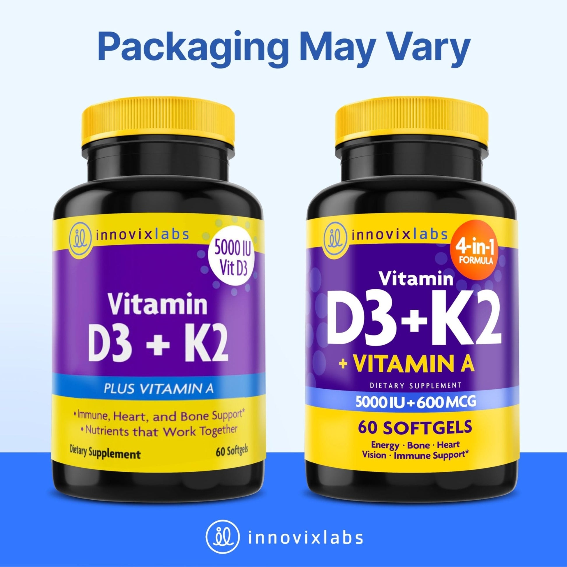 InnovixLabs Vitamin D3 K2-5000 IU Vitamin D3 Plus 600 mcg Vitamin K2 MK4 and MK7 for Max Calcium Absorption, Supports Bone, Immune, Heart Health, 3rd Party Tested, Gluten Free, 60 Softgels - PrimeBioHealth - canada supplements