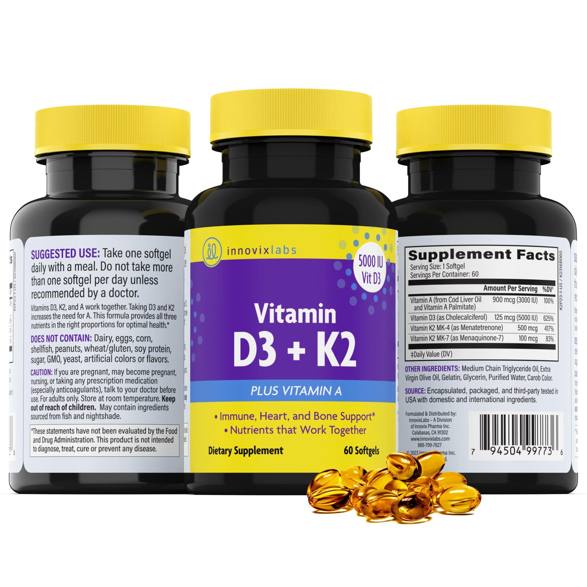 InnovixLabs Vitamin D3 K2-5000 IU Vitamin D3 Plus 600 mcg Vitamin K2 MK4 and MK7 for Max Calcium Absorption, Supports Bone, Immune, Heart Health, 3rd Party Tested, Gluten Free, 60 Softgels - PrimeBioHealth - canada supplements