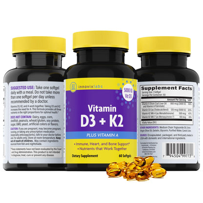 InnovixLabs Vitamin D3 K2-5000 IU Vitamin D3 Plus 600 mcg Vitamin K2 MK4 and MK7 for Max Calcium Absorption, Supports Bone, Immune, Heart Health, 3rd Party Tested, Gluten Free, 60 Softgels - PrimeBioHealth - canada supplements