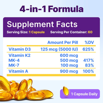 InnovixLabs Vitamin D3 K2-5000 IU Vitamin D3 Plus 600 mcg Vitamin K2 MK4 and MK7 for Max Calcium Absorption, Supports Bone, Immune, Heart Health, 3rd Party Tested, Gluten Free, 60 Softgels - PrimeBioHealth - canada supplements