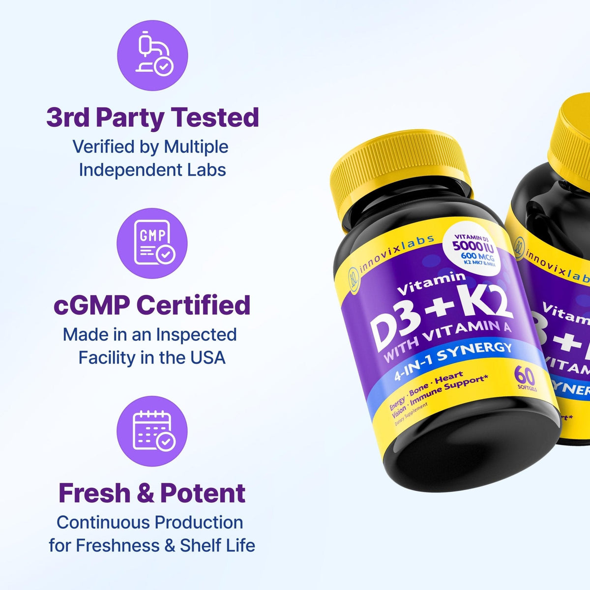 InnovixLabs Vitamin D3 K2-5000 IU Vitamin D3 Plus 600 mcg Vitamin K2 MK4 and MK7 for Max Calcium Absorption, Supports Bone, Immune, Heart Health, 3rd Party Tested, Gluten Free, 60 Softgels - PrimeBioHealth - canada supplements