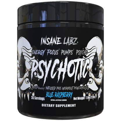 Insane Labz Psychotic Black Edition Mid Stimulant Pre Workout Powder, Energy Focus Pumps, Loaded with Creatine Beta Alanine Taurine Fueled by AMPiberry, 35 Servings (Blue Raspberry) - PrimeBioHealth - canada supplements