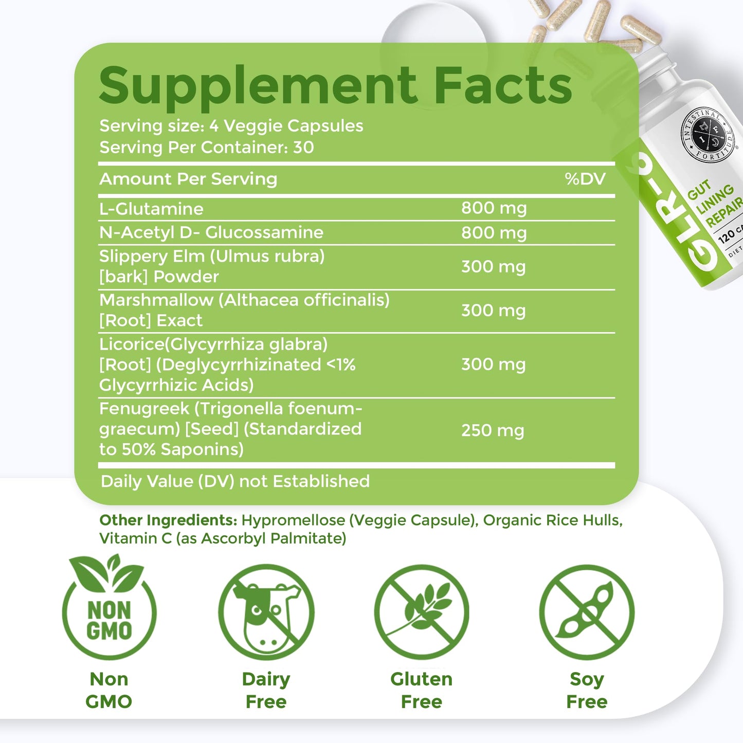 Intestinal Fortitude GLR-6 - Gut Lining Repair Supplement for Gut Health - Leaky Gut Repair with L-Glutamine, Slippery Elm, DGL Licorice Root, Marshmallow Root, Fenugreek - PrimeBioHealth - canada supplements