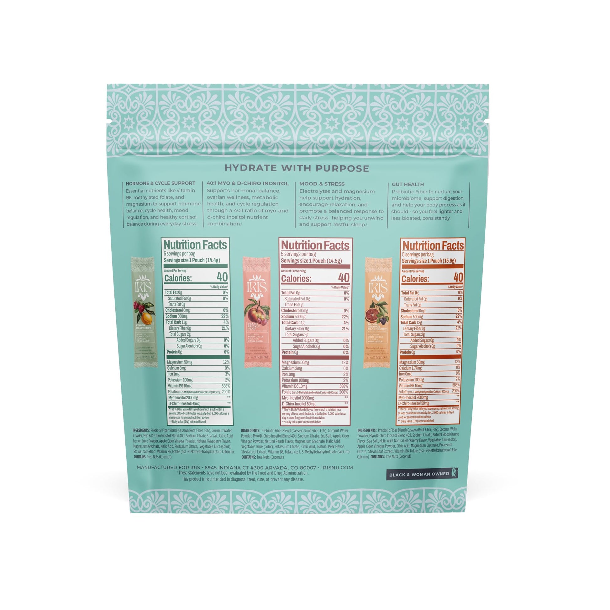 Iris Women’s Hormonal Health Daily Electrolyte Drink Mix | High Fiber, Essential B Vitamins for Mood Support | 40:1 Myo & D‑Chiro Inositol | Variety Pack, - PrimeBioHealth - canada supplements