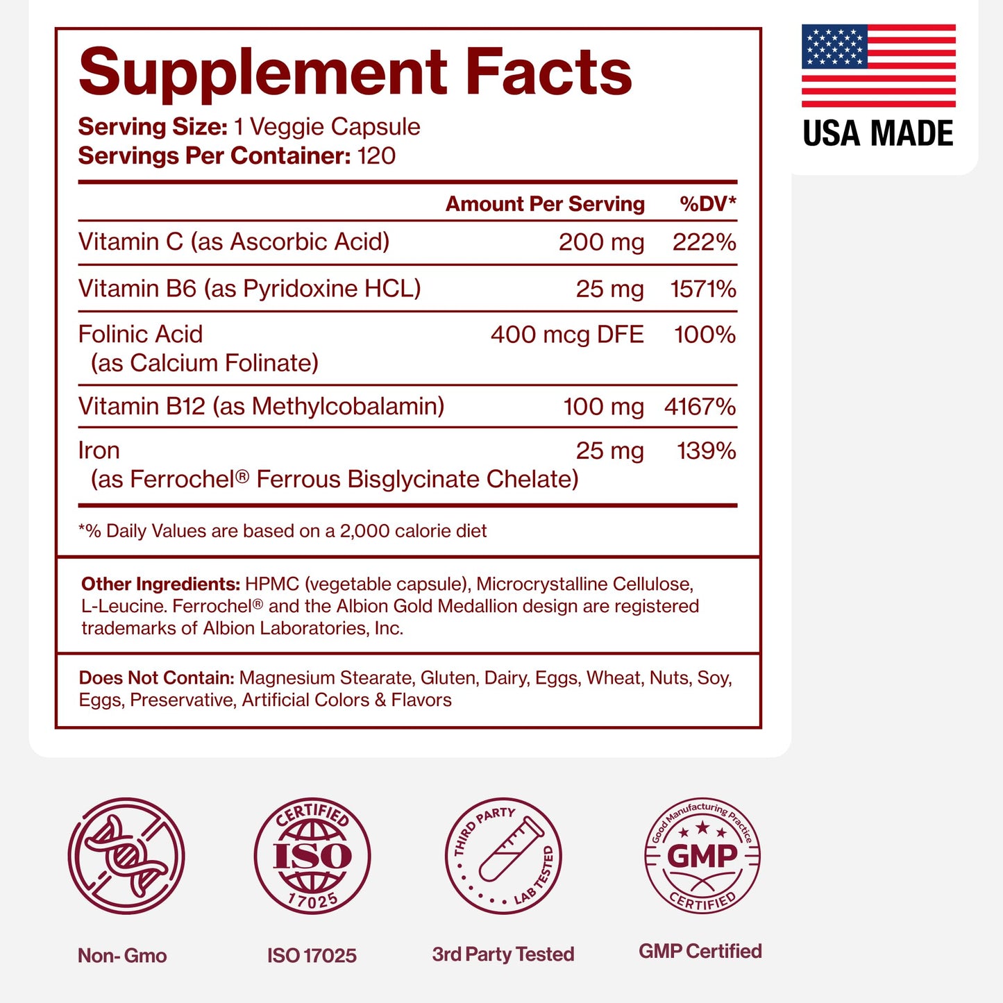 Iron Supplement for Women - Gentle Chelate Iron Bisglycinate 25mg with Vitamin C, B6, B12 Folic Acid – Supports Iron Deficiency - PrimeBioHealth - canada supplements