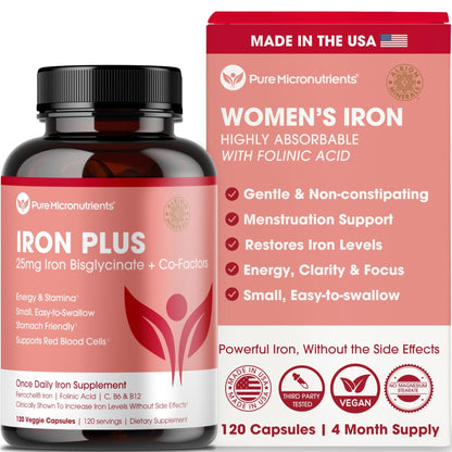 Iron Supplement for Women - Gentle Chelate Iron Bisglycinate 25mg with Vitamin C, B6, B12 Folic Acid – Supports Iron Deficiency - PrimeBioHealth - canada supplements