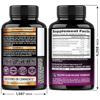 Iron Supplement for Women - Iron 65mg (Ferrous Sulfate 325mg) - Stomach Friendly | Slow Release Iron | High Absorption - Vitamins C, D3, B6, B12 & Folate - PrimeBioHealth - canada supplements
