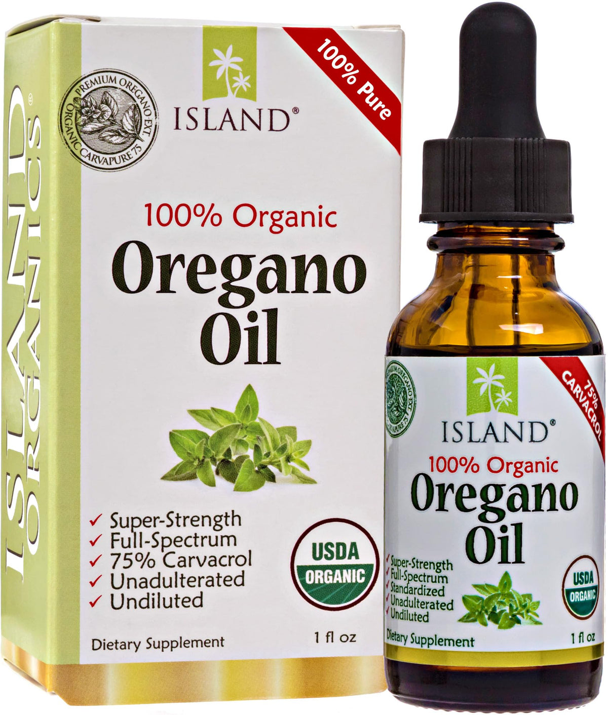 Island Nutrition, Oregano Oil Organic Liquid Drops - 100% Pure & Undiluted - USDA-Certified Organic (1 oz) 75% Carvacrol - PrimeBioHealth - canada supplements