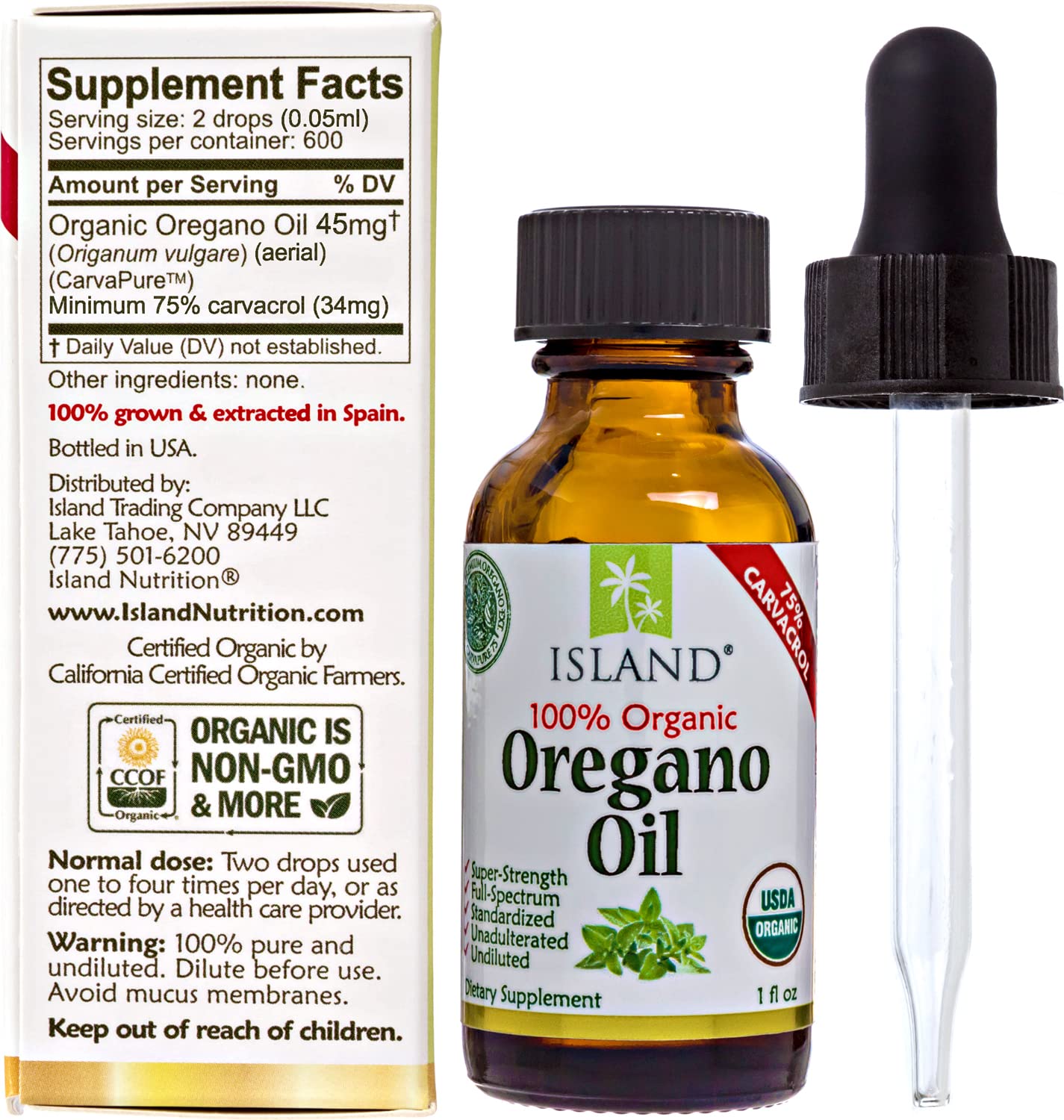 Island Nutrition, Oregano Oil Organic Liquid Drops - 100% Pure & Undiluted - USDA-Certified Organic (1 oz) 75% Carvacrol - PrimeBioHealth - canada supplements