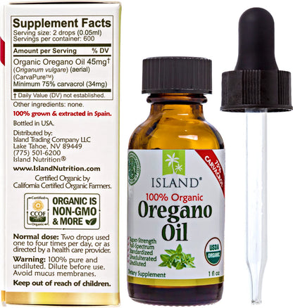 Island Nutrition, Oregano Oil Organic Liquid Drops - 100% Pure & Undiluted - USDA-Certified Organic (1 oz) 75% Carvacrol - PrimeBioHealth - canada supplements