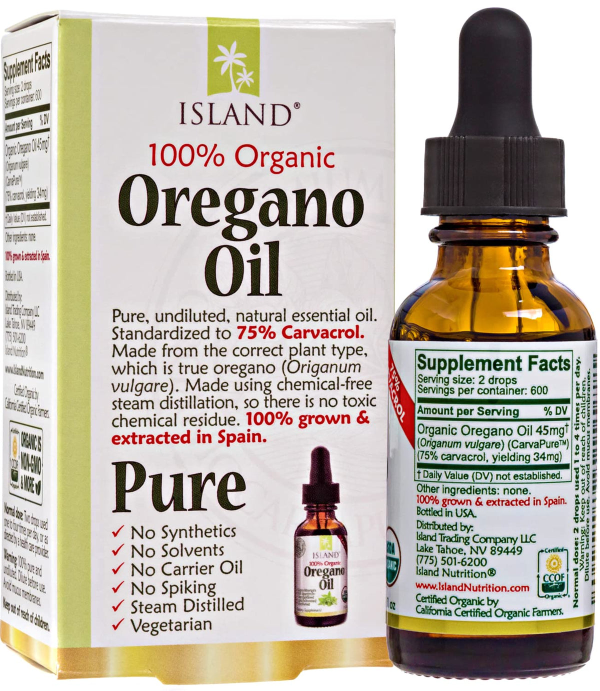 Island Nutrition, Oregano Oil Organic Liquid Drops - 100% Pure & Undiluted - USDA-Certified Organic (1 oz) 75% Carvacrol - PrimeBioHealth - canada supplements