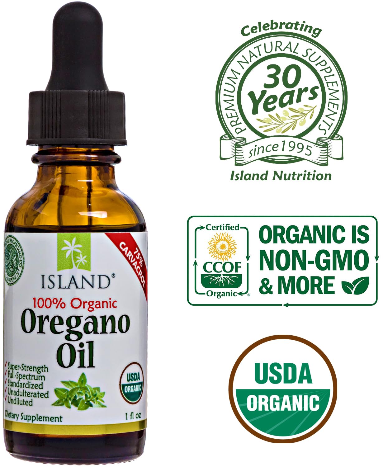 Island Nutrition, Oregano Oil Organic Liquid Drops - 100% Pure & Undiluted - USDA-Certified Organic (1 oz) 75% Carvacrol - PrimeBioHealth - canada supplements