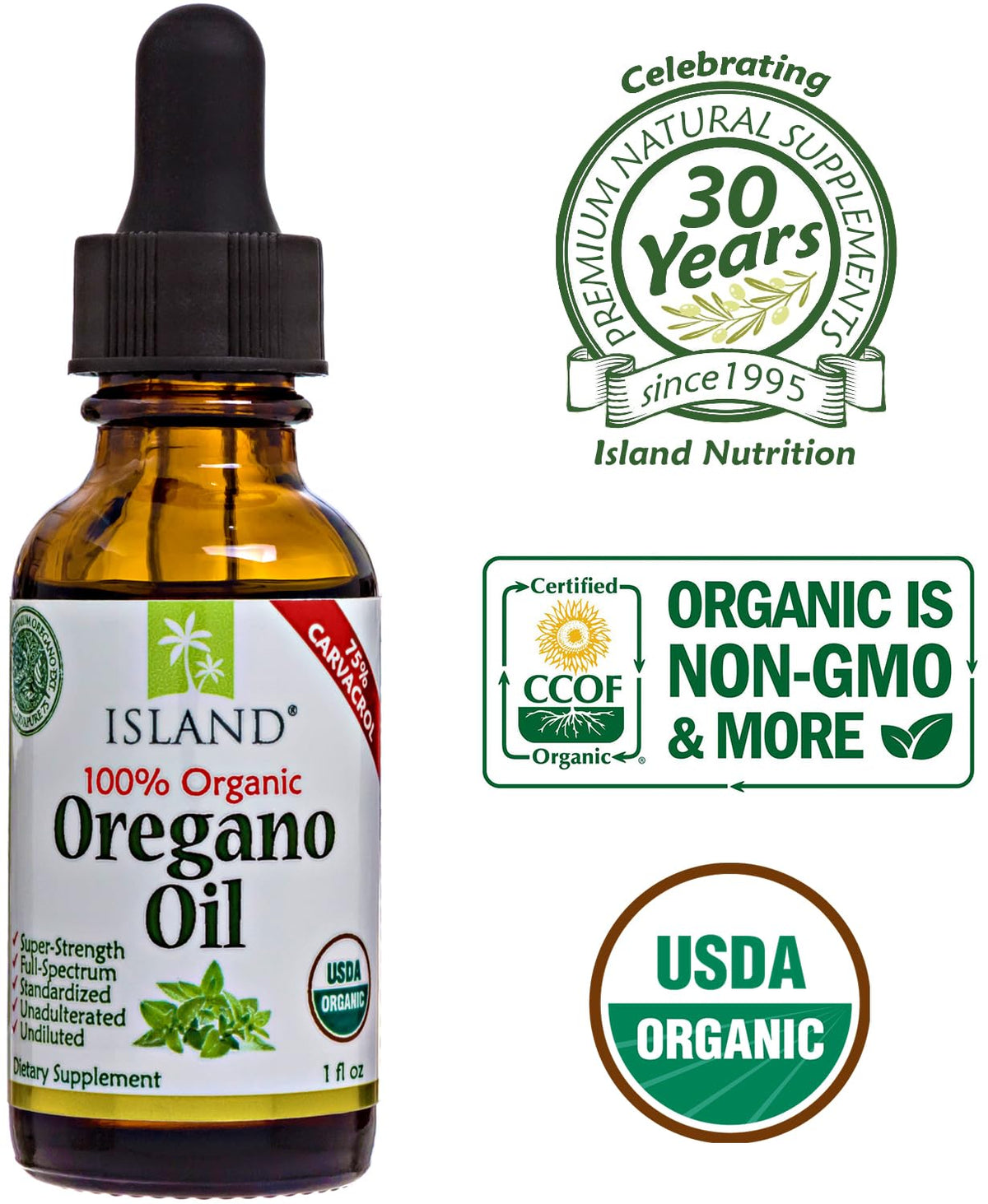 Island Nutrition, Oregano Oil Organic Liquid Drops - 100% Pure & Undiluted - USDA-Certified Organic (1 oz) 75% Carvacrol - PrimeBioHealth - canada supplements