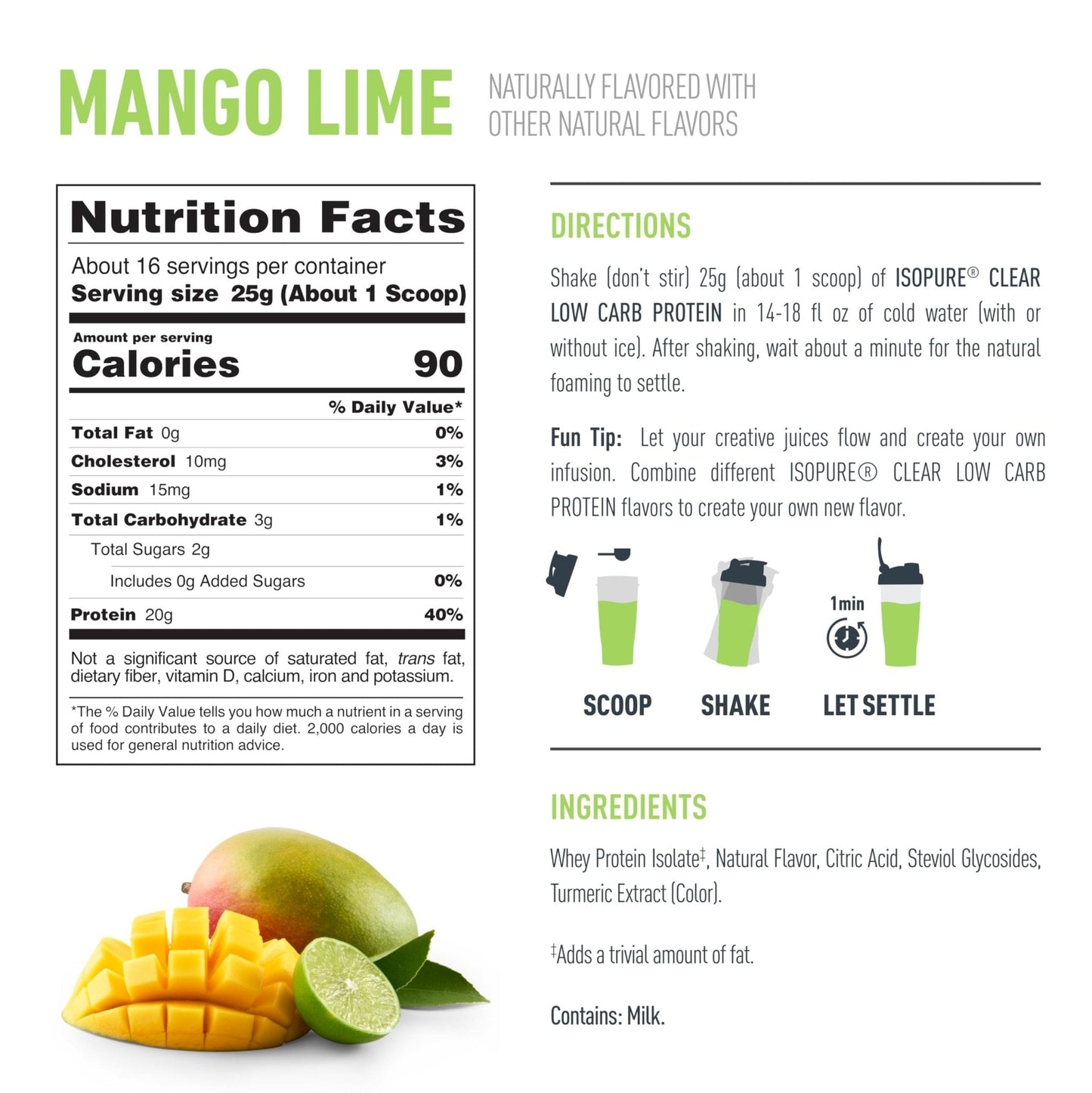 Isopure Clear Whey Isolate Protein Powder, Lactose Free, Gluten Free, Naturally Flavored, Mango Lime, 20g Protein Per Serving, 14.1 Oz, 16 Servings (Packaging May Vary) - PrimeBioHealth - canada supplements