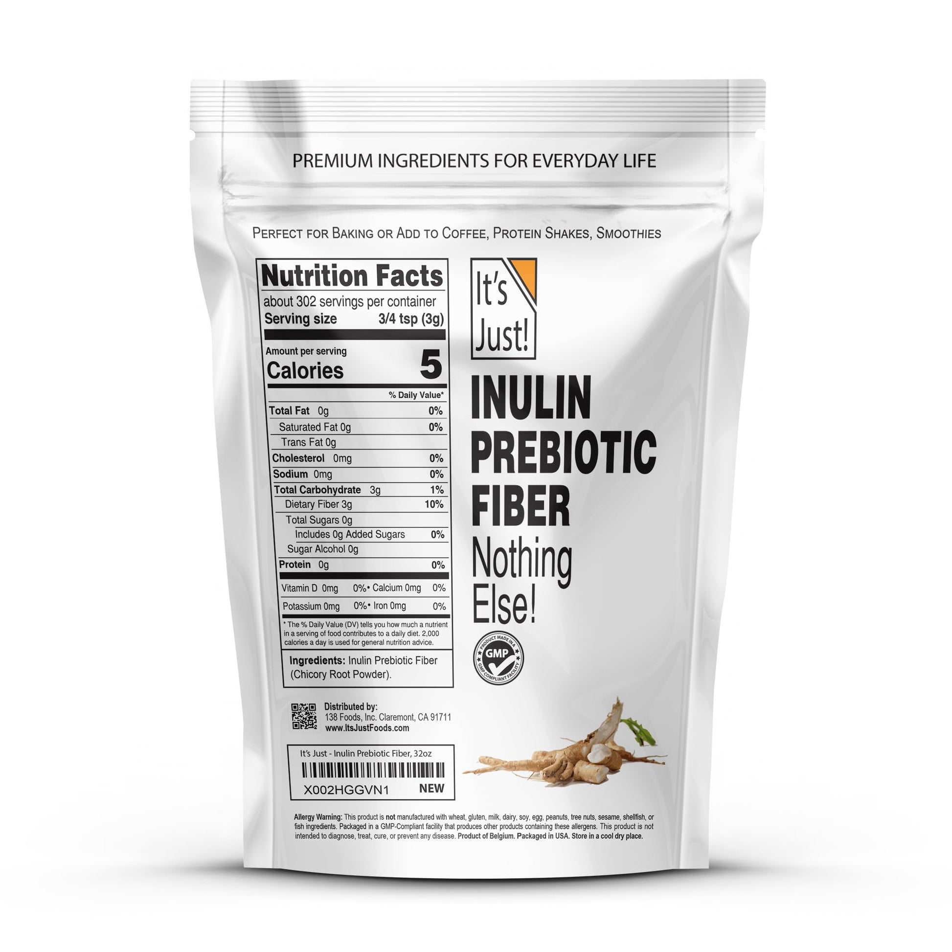 It's Just! - Inulin Prebiotic Fiber, Water Soluble, Chicory Root Powder, Promotes Gut Health, Made in USA, Product of Belgium, Vegan/Keto Friendly - PrimeBioHealth - canada supplements