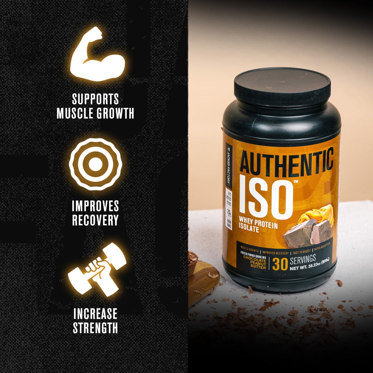 Jacked Factory Authentic ISO Grass Fed Whey Protein Isolate Powder - Low Carb, Non-GMO Muscle Building Protein w/No Fillers, Post Workout Recovery, Chocolate Peanut Butter - 25 Servings - PrimeBioHealth - canada supplements