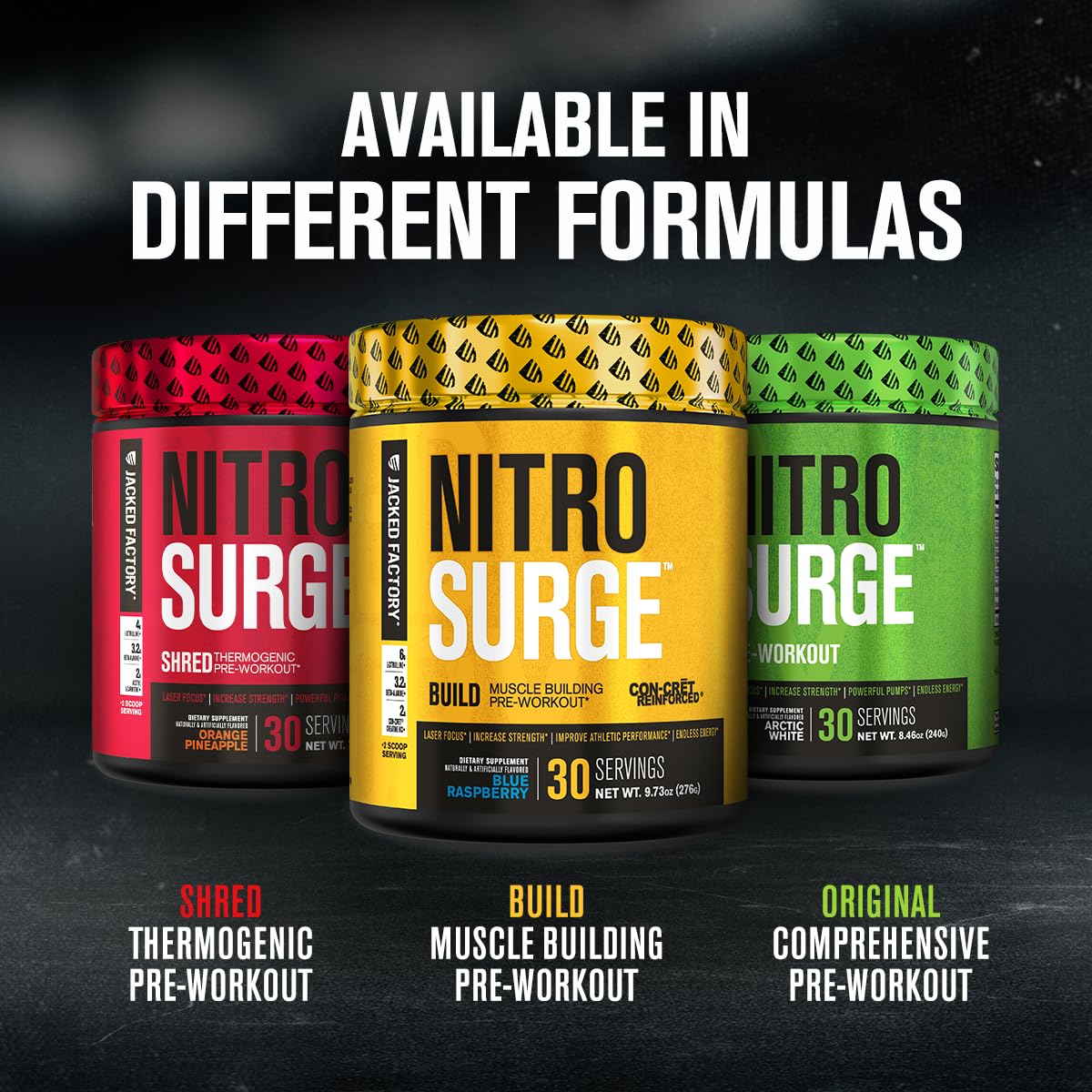 Jacked Factory Nitrosurge Build Pre Workout with Creatine for Muscle Building - Con Cret Creatine Powder & elevATP for Intense Energy, Powerful Pump, - PrimeBioHealth - canada supplements