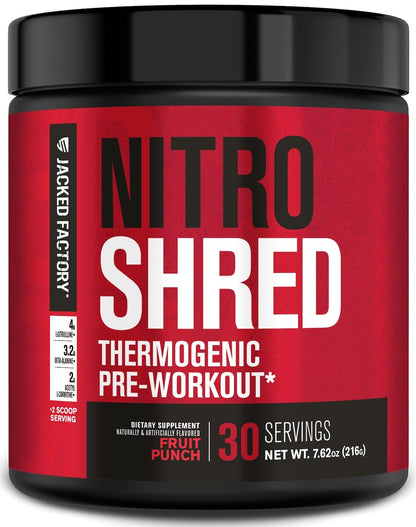 Jacked Factory NITROSURGE Shred Pre Workout Supplement - Energy Booster, Instant Strength Gains, Sharp Focus, Powerful Pumps - Nitric Oxide Booster & PreWorkout Powder - 30Sv, Fruit Punch - PrimeBioHealth - canada supplements