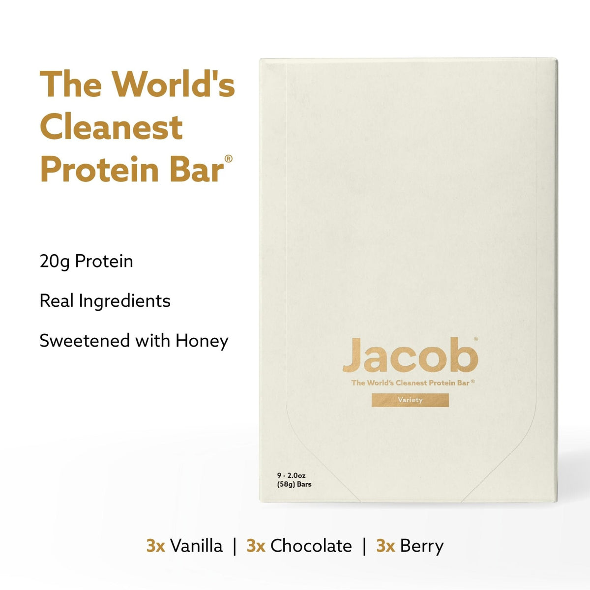 Jacob Bar, Protein Bars, Variety Pack (9 Bars Total) Contains 3 of Each; Chocolate, Vanilla, Berry - 20g Grass-Fed Protein, No Seed Oils, Nothing Artificial - PrimeBioHealth - canada supplements