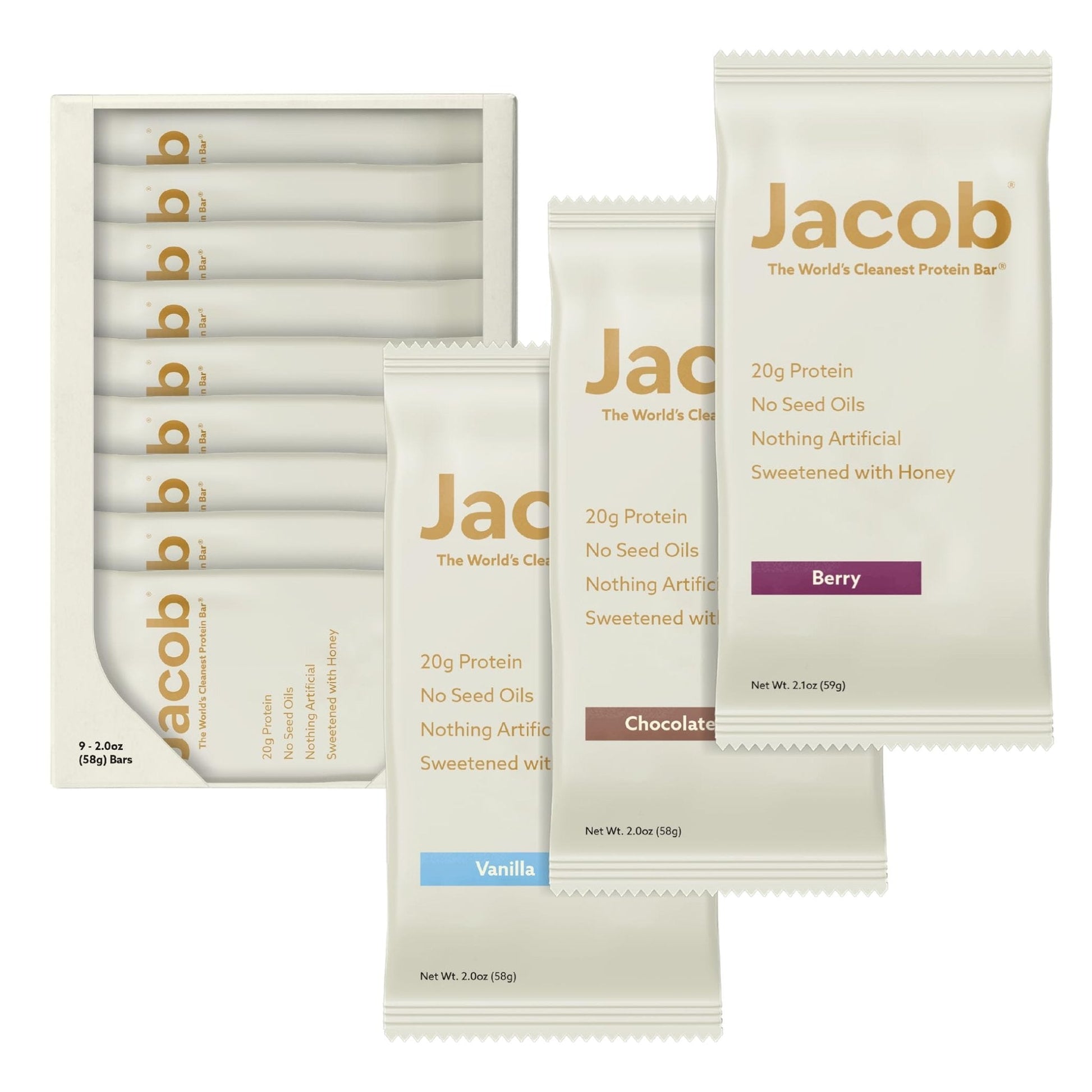 Jacob Bar, Protein Bars, Variety Pack (9 Bars Total) Contains 3 of Each; Chocolate, Vanilla, Berry - 20g Grass-Fed Protein, No Seed Oils, Nothing Artificial - PrimeBioHealth - canada supplements