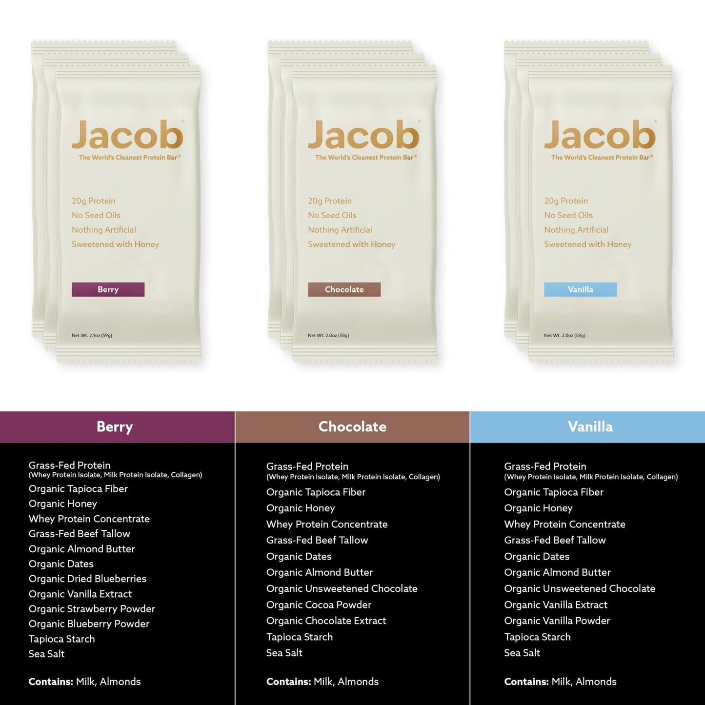 Jacob Bar, Protein Bars, Variety Pack (9 Bars Total) Contains 3 of Each; Chocolate, Vanilla, Berry - 20g Grass-Fed Protein, No Seed Oils, Nothing Artificial - PrimeBioHealth - canada supplements