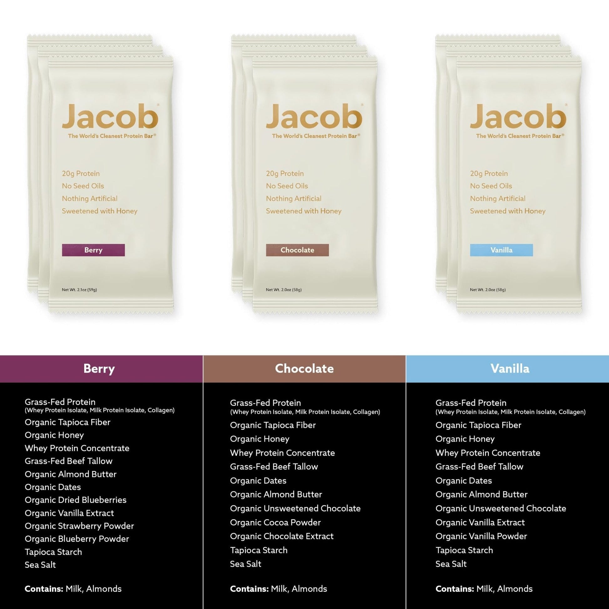 Jacob Bar, Protein Bars, Variety Pack (9 Bars Total) Contains 3 of Each; Chocolate, Vanilla, Berry - 20g Grass-Fed Protein, No Seed Oils, Nothing Artificial - PrimeBioHealth - canada supplements