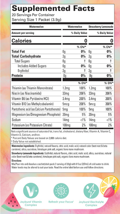 Joyburst Sugar Free Electrolytes Powder Packets, Instant Hydration Drink Mix Sticks, Variety Pack (10 Watermelon, 10 Strawberry Lemonade), Rehydrate On-The-Go - PrimeBioHealth - canada supplements