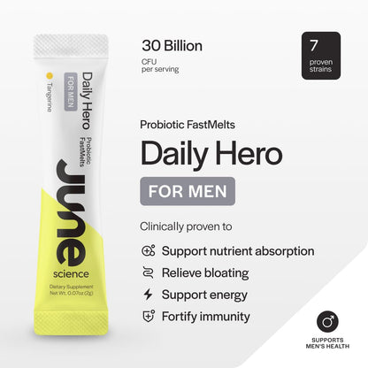 June Science Daily Hero for Men | Fast Melt Pre + Probiotic for Men - Tangerine Flavor, 30 Powder Sachets - PrimeBioHealth - canada supplements