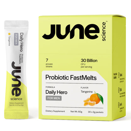 June Science Daily Hero for Men | Fast Melt Pre + Probiotic for Men - Tangerine Flavor, 30 Powder Sachets - PrimeBioHealth - canada supplements