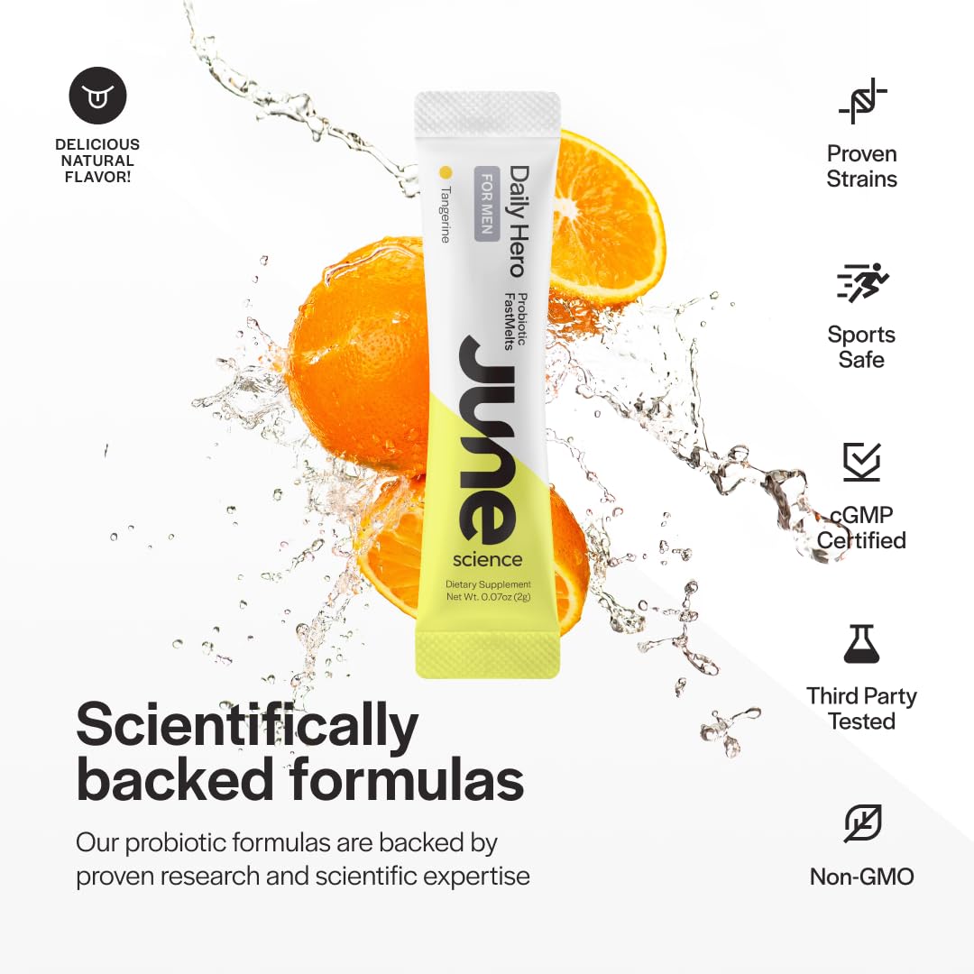 June Science Daily Hero for Men | Fast Melt Pre + Probiotic for Men - Tangerine Flavor, 30 Powder Sachets - PrimeBioHealth - canada supplements