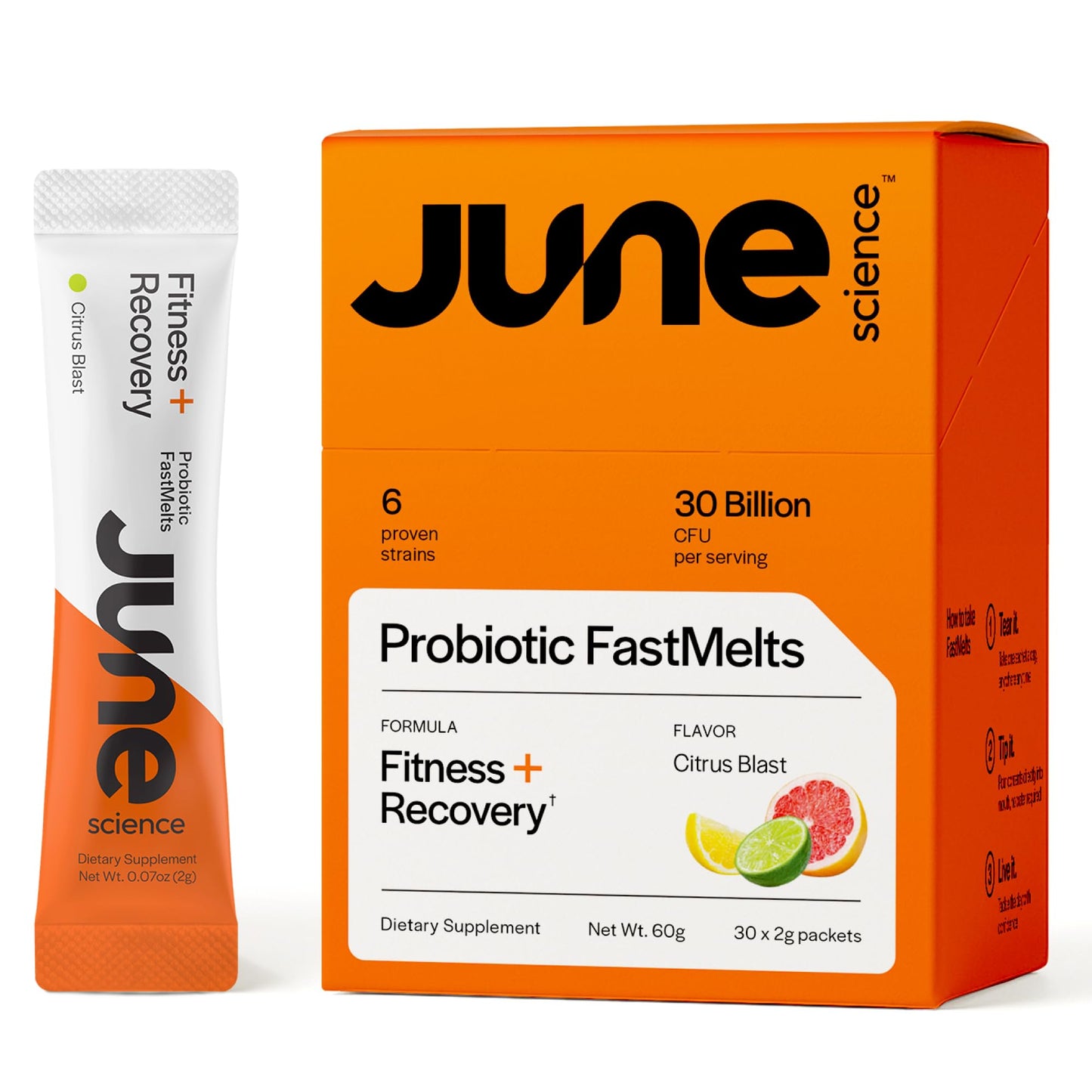 June Science Fitness + Recovery | Fast Melt Pre + Probiotic for Muscle Recovery + Training - Citrus Blast Flavor, 30 Powder Sachets - PrimeBioHealth - canada supplements