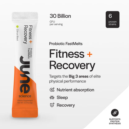 June Science Fitness + Recovery | Fast Melt Pre + Probiotic for Muscle Recovery + Training - Citrus Blast Flavor, 30 Powder Sachets - PrimeBioHealth - canada supplements