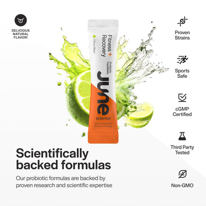 June Science Fitness + Recovery | Fast Melt Pre + Probiotic for Muscle Recovery + Training - Citrus Blast Flavor, 30 Powder Sachets - PrimeBioHealth - canada supplements